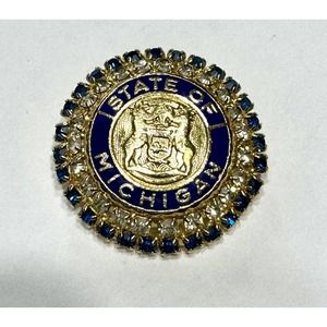 Vintage State of Michigan Blue Rhinestone Gold Enamel Cinerama Pin Brooch Lapel